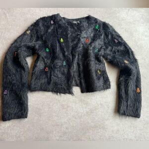 Beulah style Black fleece cropped sweater, with colorful teddy bear details.